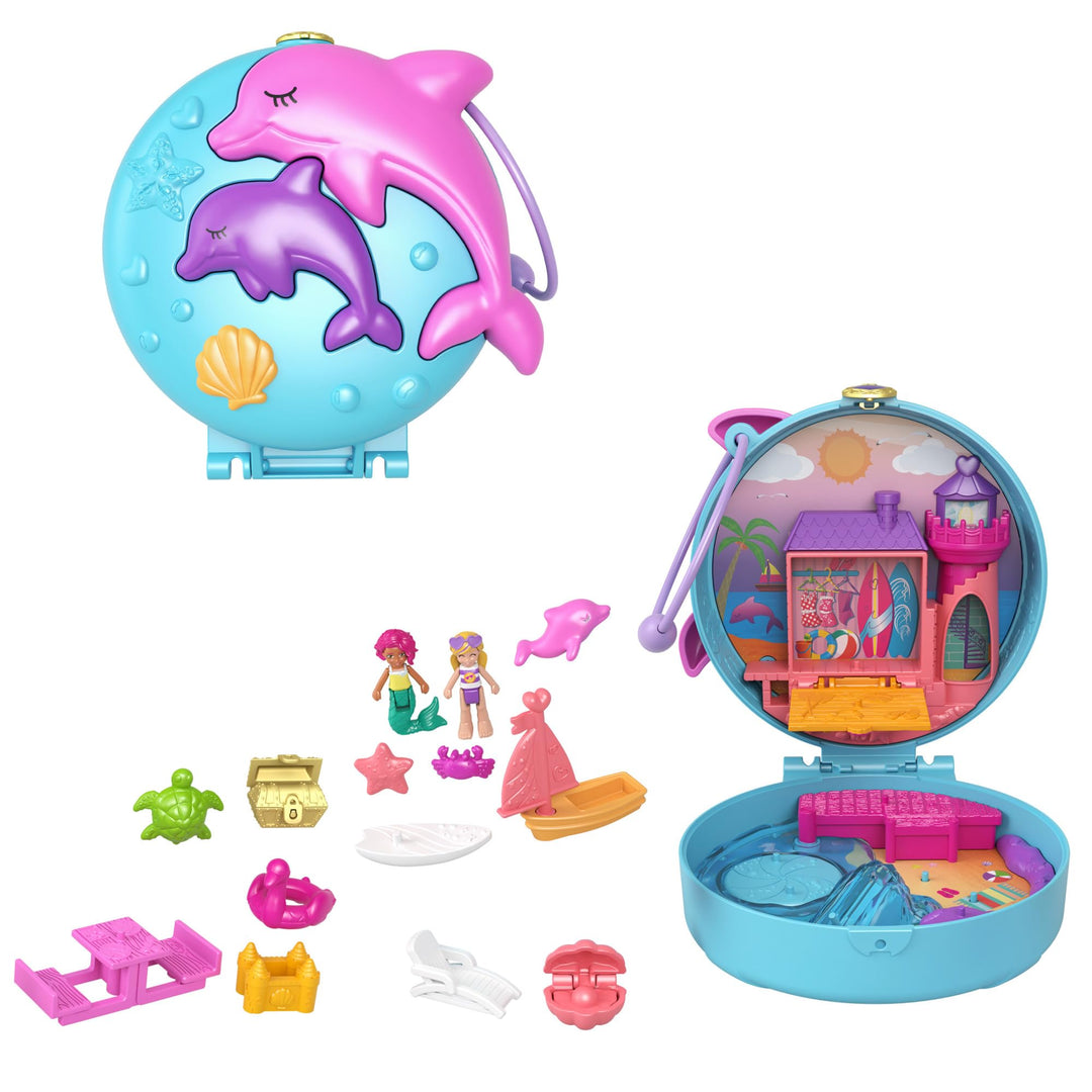 Polly Pocket GTN20 - Delfinstrand Schatulle, 2 kleine Puppen, 5 Überraschungen, 13 Zubehörteile, Pop
