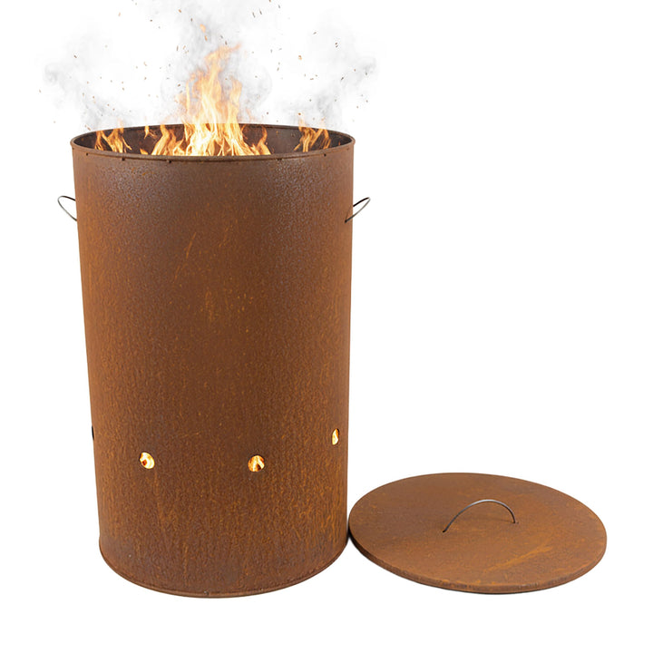 Relaxdays Feuertonne, Cortenstahl, Rostoptik, HxD: 60 x 38,5 cm, Industrial Feuerschale mit Deckel,
