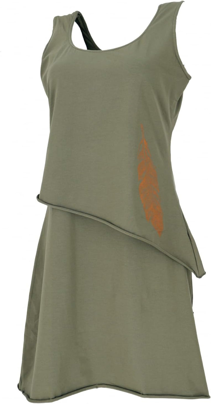 GURU SHOP Minikleid aus Bio-Baumwolle im Lagenlook, ärmelloses Kleid mit Federdruck, Damen 36 Olive,