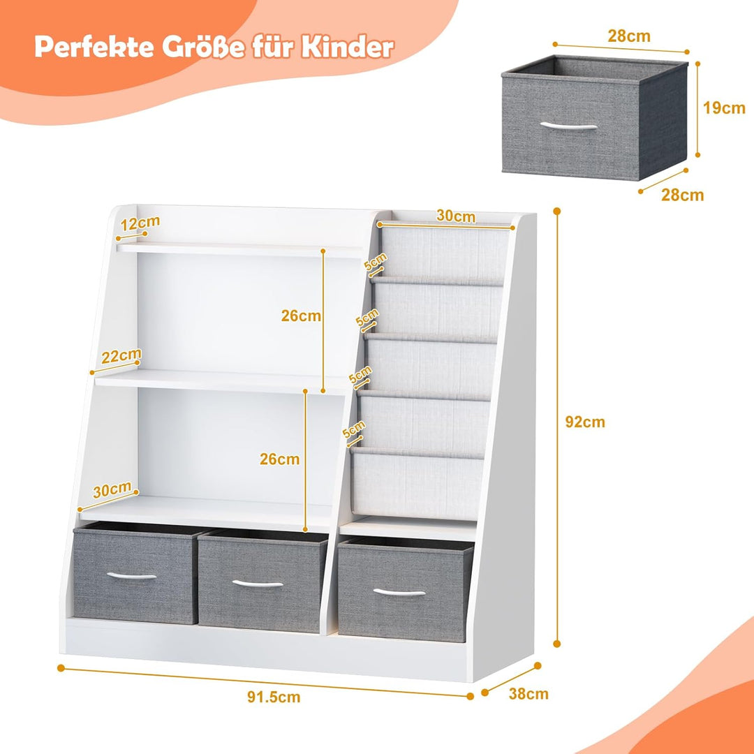 KEEPREAPER Kinderregal mit 3 Aufbewahrungsboxen, Bücherregal Kinder aus Holz mit 4 Ablage & 3 offnen