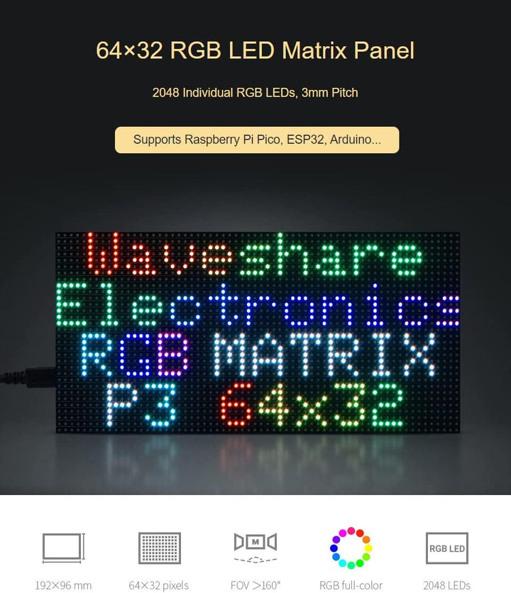 Waveshare RGB Full-Color LED Matrix Panel 64×32 Pixels Display Screen 3mm Pitch Digital Led Module A