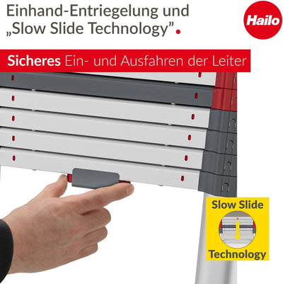Hailo T100 FlexLine Sicherheits-Teleskopleiter - ausziehbare Leiter aus Aluminium mit bis zu 13 Stuf