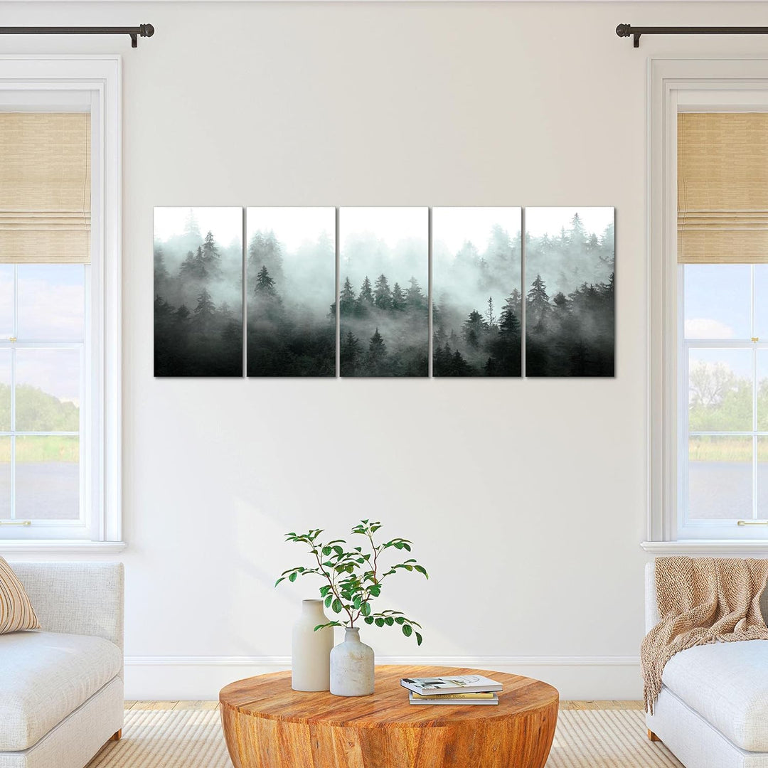 Runa Art Wandbild XXL Wald Natur Wohnzimmer Schlafzimmer 200 x 80 cm Türkis Grau 5 Teilig - Made in
