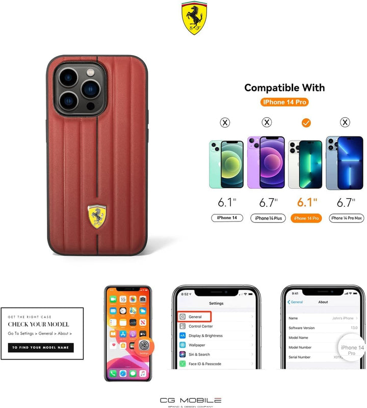 CG MOBILE Ferrari Schutzhülle für iPhone 14 Pro in Rot geprägte Streifen, Leder, langlebige und krat