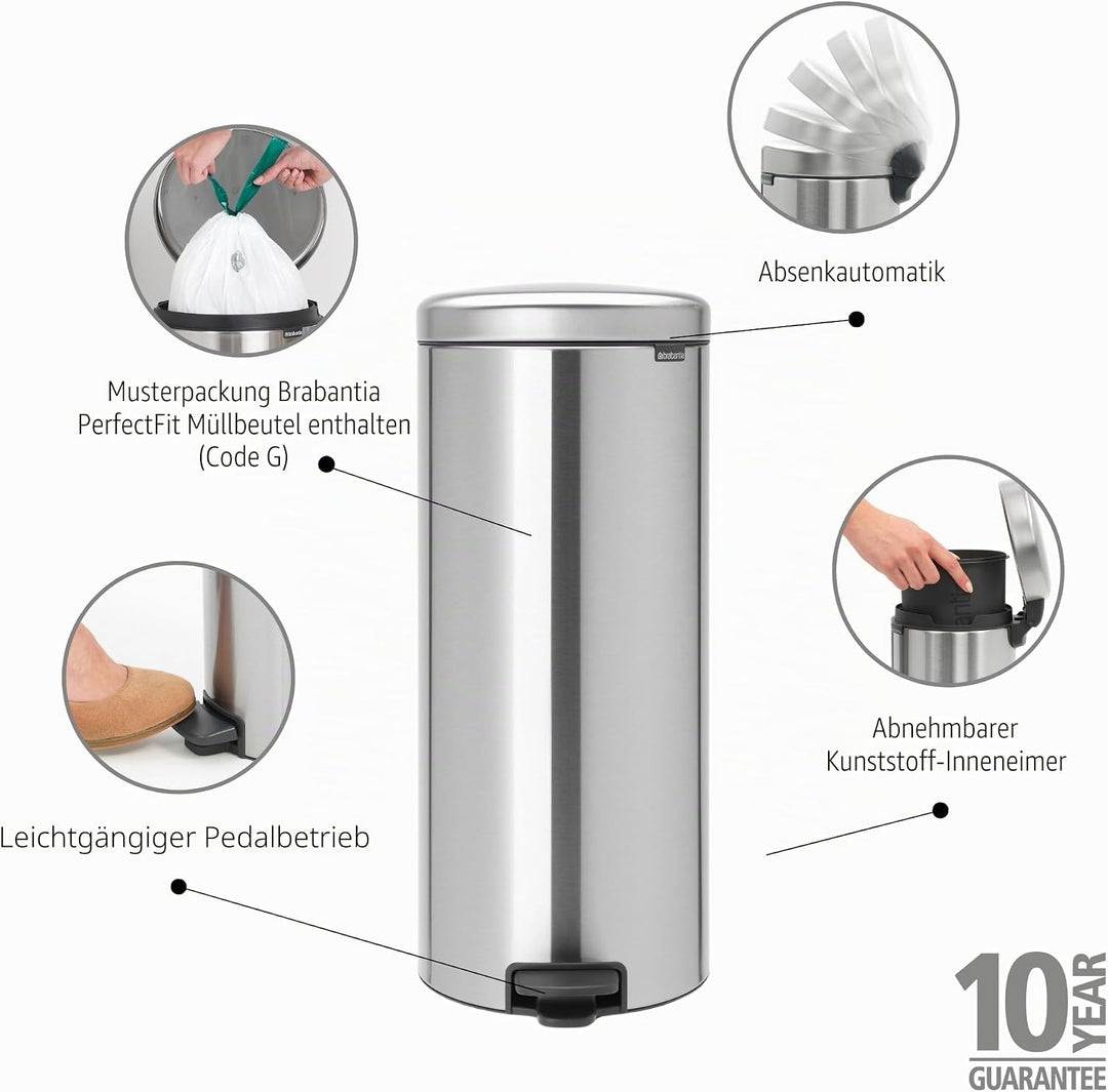 Brabantia Treteimer mit Inneneimer aus Kunststoff, stahl, Matt Stahl, 30 Liter Matt Steel 30 Liter,
