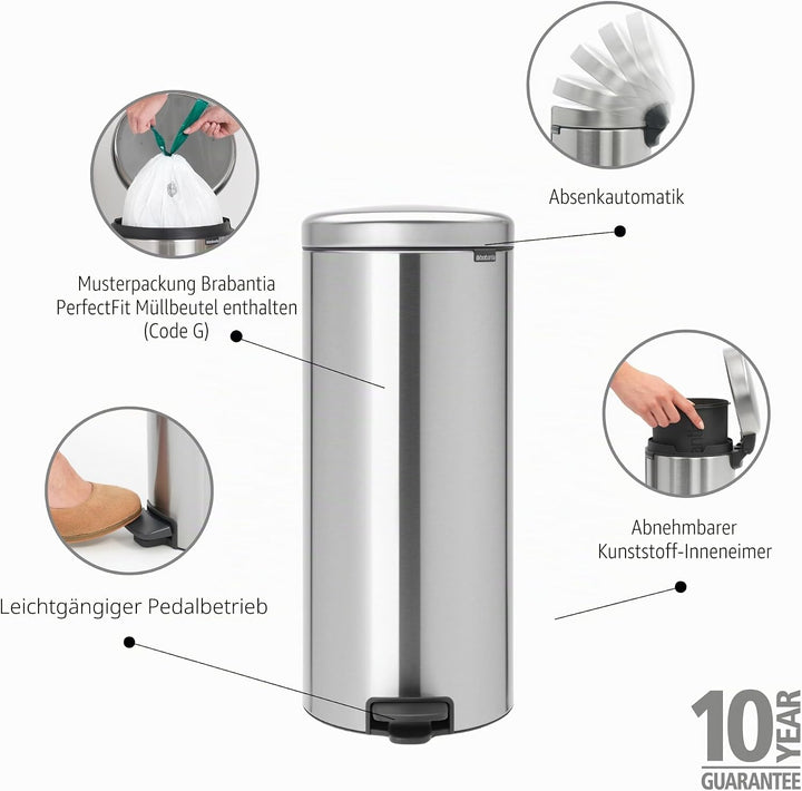 Brabantia Treteimer mit Inneneimer aus Kunststoff, stahl, Matt Stahl, 30 Liter Matt Steel 30 Liter,
