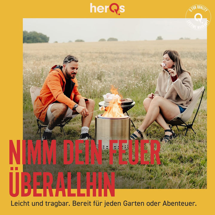 herQs Cozy Feuerschale Rauchfrei – Tragbarer Feuerschale Edelstahl für Garten, Camping & Terrasse –