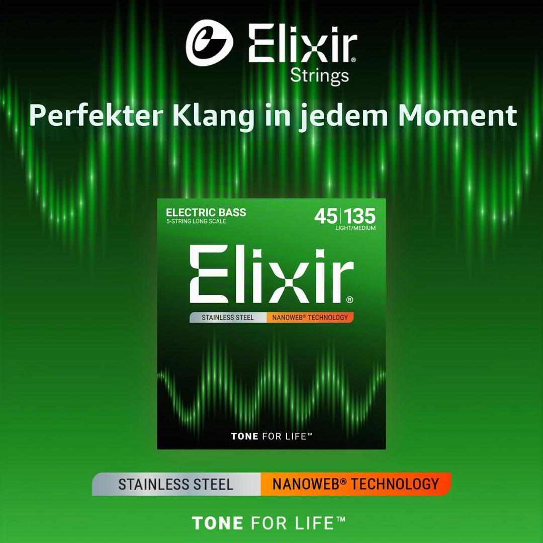 Elixir® Saiten Stainless-Steel 5-str. E-Basssaiten mit NANOWEB® Beschichtung, Long Scale, Light/Medi