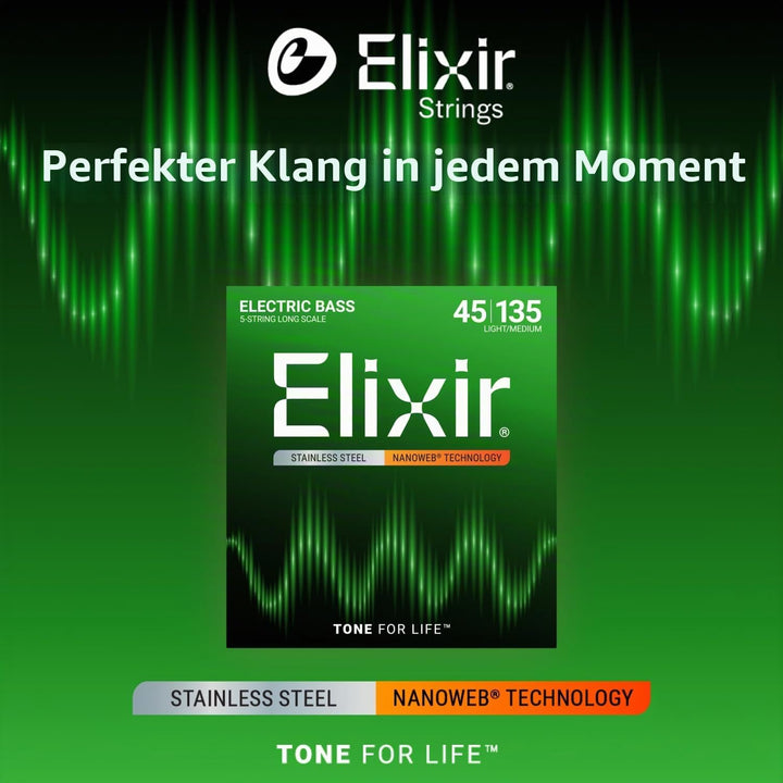 Elixir® Saiten Stainless-Steel 5-str. E-Basssaiten mit NANOWEB® Beschichtung, Long Scale, Light/Medi