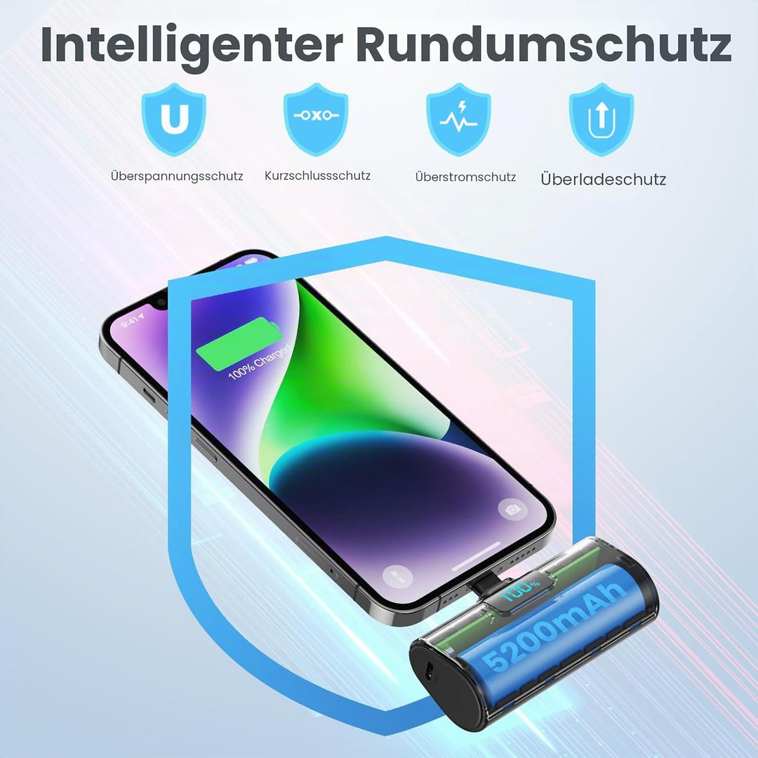 Mini Powerbank 5200mAh für iPhone, Klein Power Bank 20W PD 4.0A Schnellladefunktion Externer Akku, C