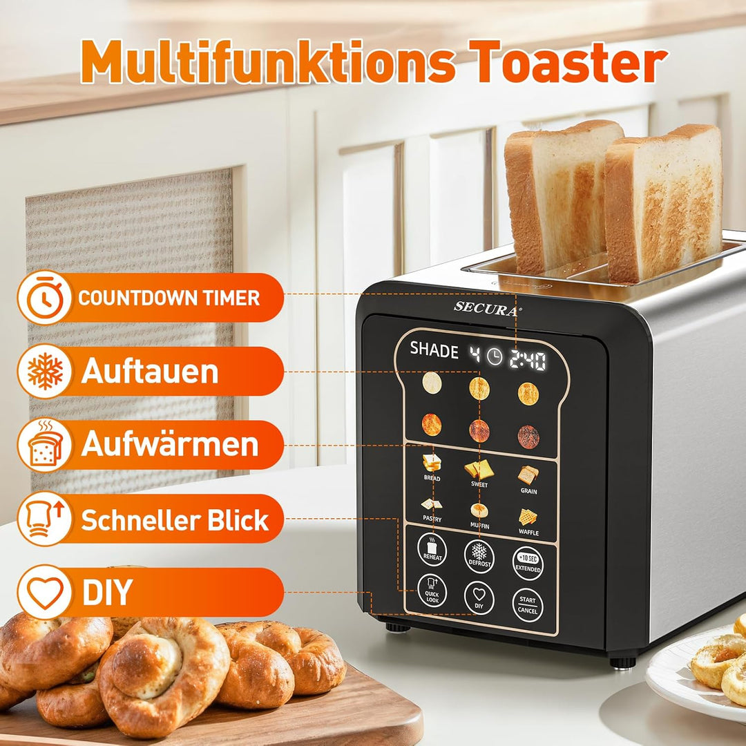 Secura Toaster - 2 Toastschlitze, 6 Stufen und 6 Brotsorten, Automatische Liftfunktion, Brötchenaufs