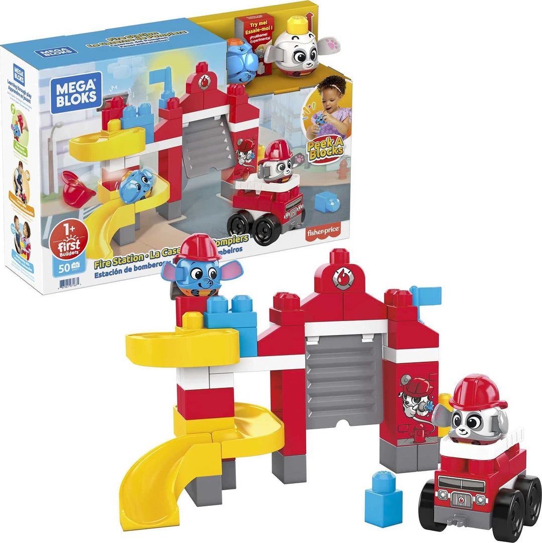 Mega Bloks GYH11 - Guck-Guck-Feuerwache Bauset, mit 2 Guck-Guck-Tieren, Zubehör und 42 Bausteinen, f
