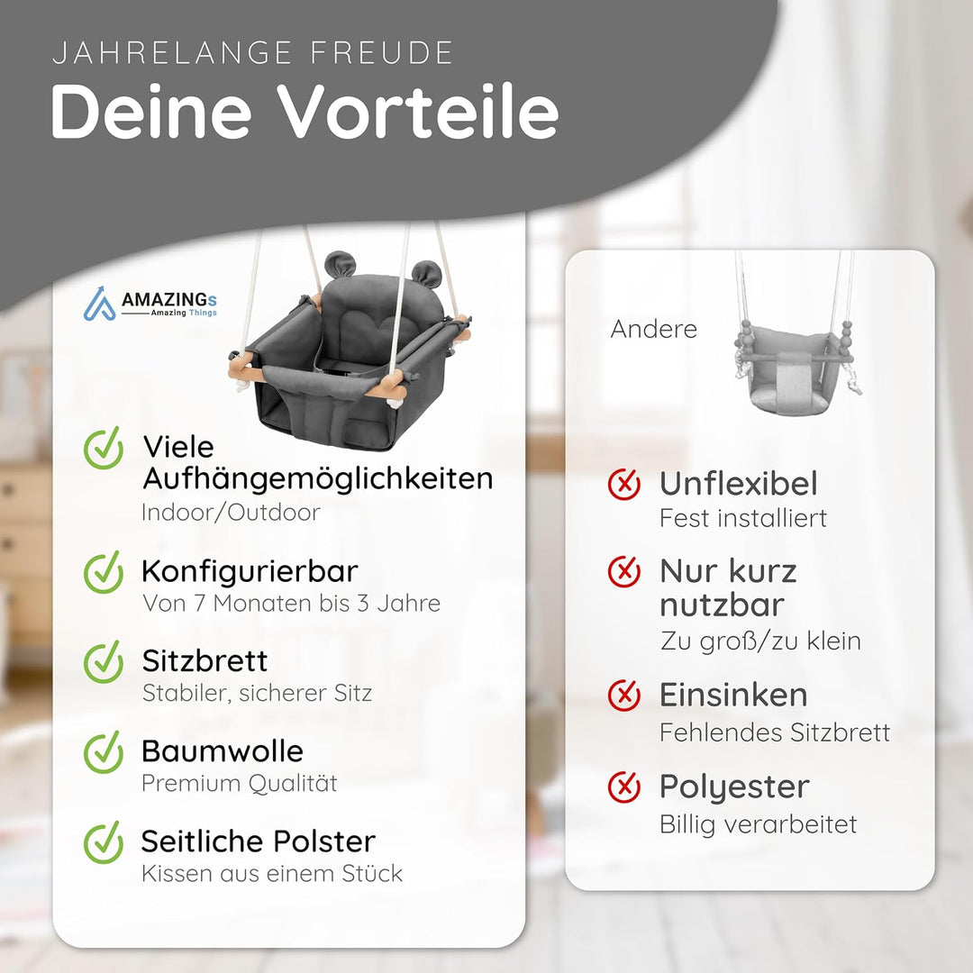 AMAZINGs Baby und Kinderschaukel | Mitwachsende Babyschaukel. Komplettset mit Aufhängung für Indoor