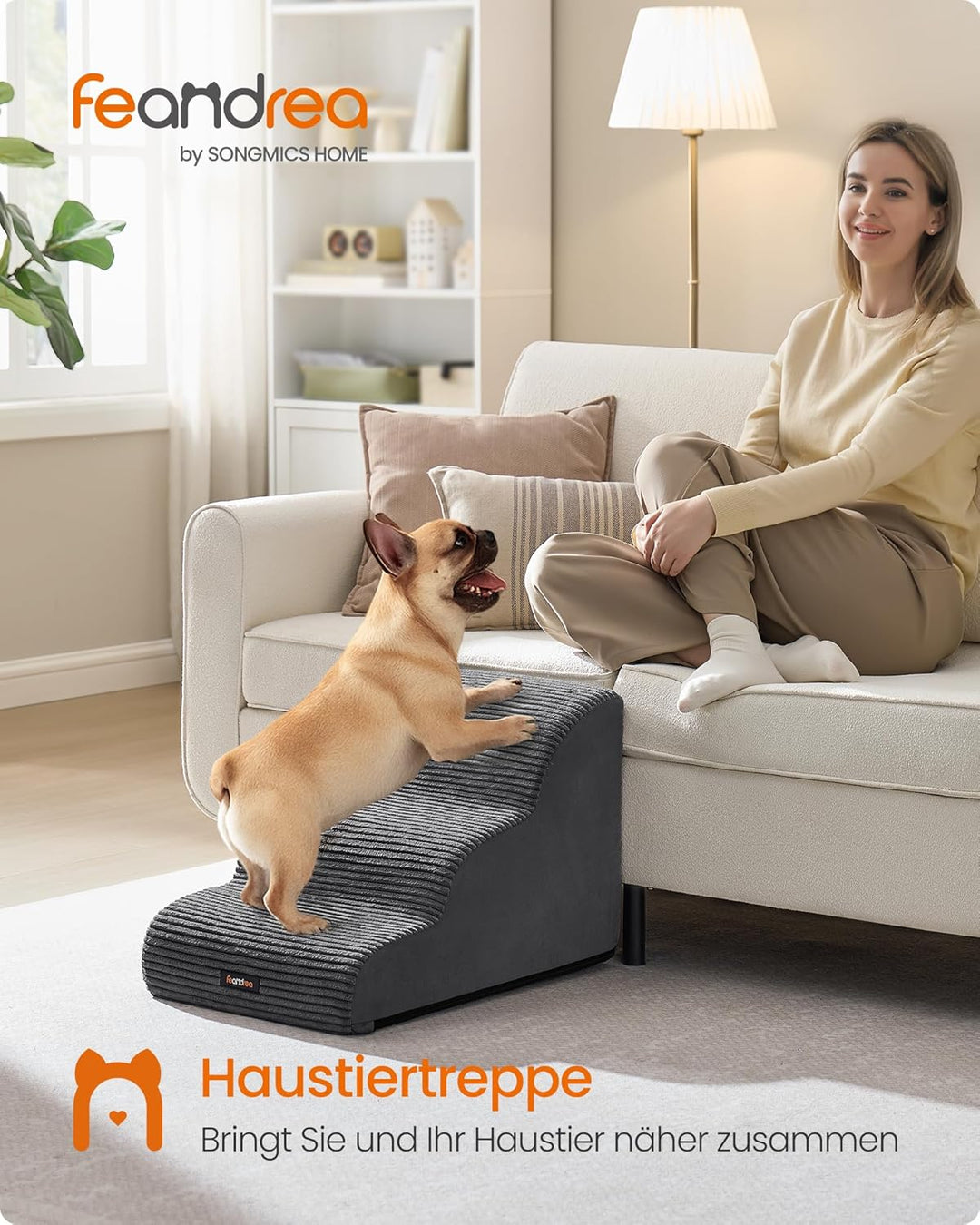 Feandrea Hundetreppe, 3 Stufen, Cord mit Querstreifen, Haustiertreppe, für Bett, Sofa, wasserdicht,