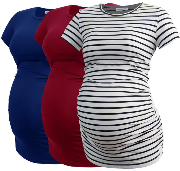 Smallshow Damen Umstandsmode Tops Seitlich Geraffte Schwangerschafts Umstandstop 3er Pack M Marine/W