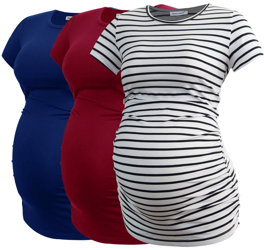 Smallshow Damen Umstandsmode Tops Seitlich Geraffte Schwangerschafts Umstandstop 3er Pack L Marine/W