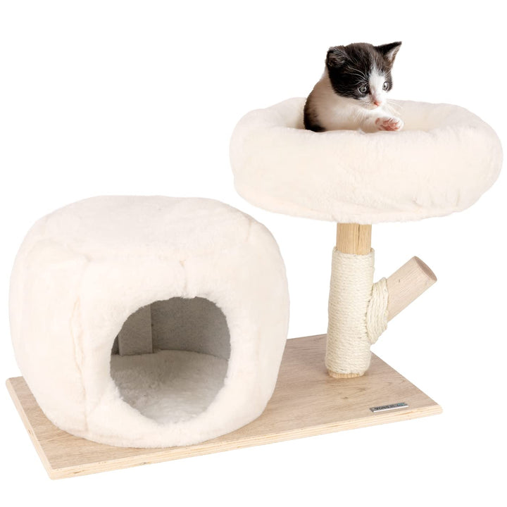 VOSS.pet Flauschiges Katzenhaus Mary 42cm, Premium Kratzbaum mit Naturholz vom Tanoak Baum, Kletterb