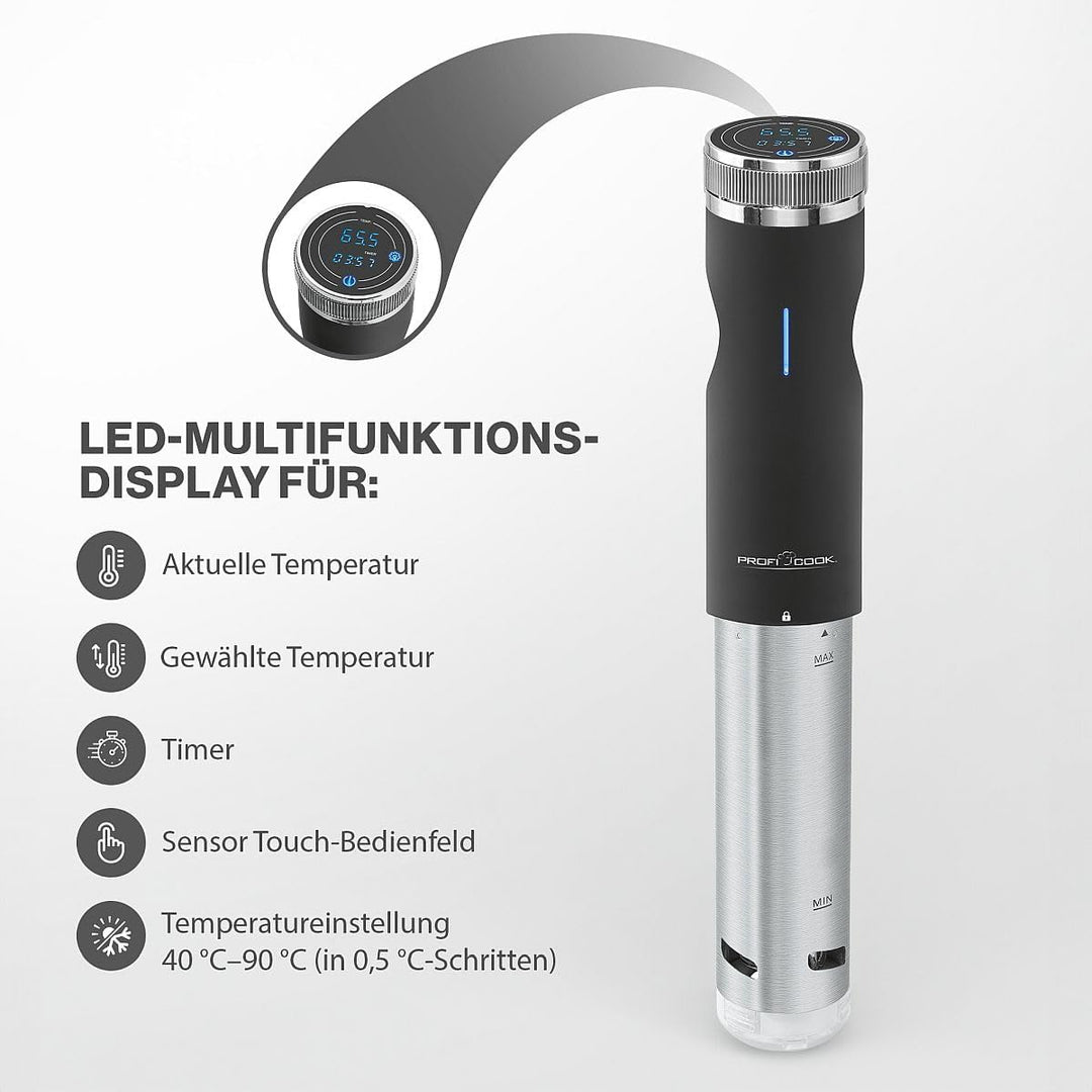 ProfiCook Sous Vide-Stick Edelstahlgehäuse mit Touchdisplay, Sous Vide bis 90 Grad inkl. Joghurt Mak