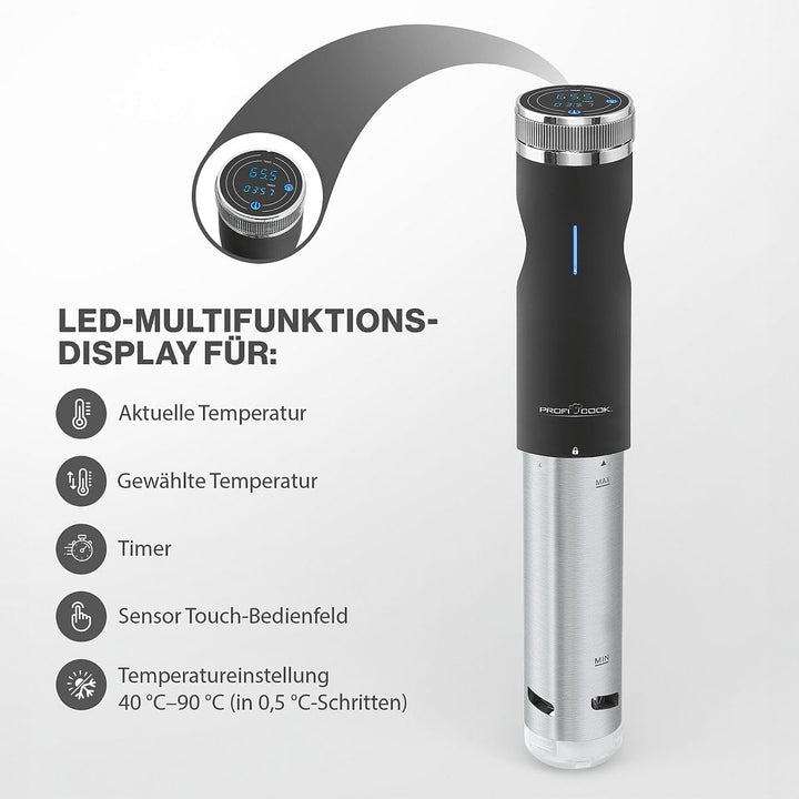 ProfiCook Sous Vide-Stick Edelstahlgehäuse mit Touchdisplay, Sous Vide bis 90 Grad inkl. Joghurt Mak