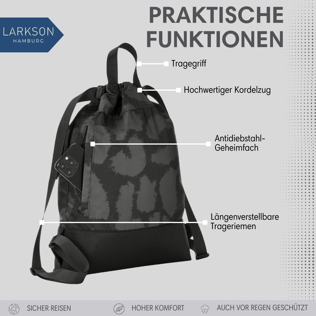 LARKSON Turnbeutel Damen &amp; Herren Grau Leo - No 7 - Rucksack Damen für Sport und Festival - Beutel R