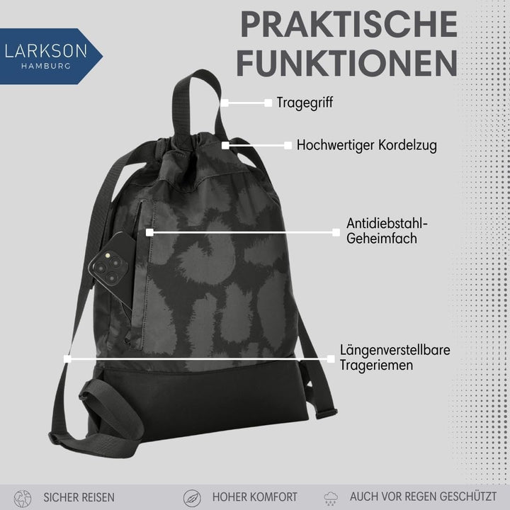 LARKSON Turnbeutel Damen &amp; Herren Grau Leo - No 7 - Rucksack Damen für Sport und Festival - Beutel R