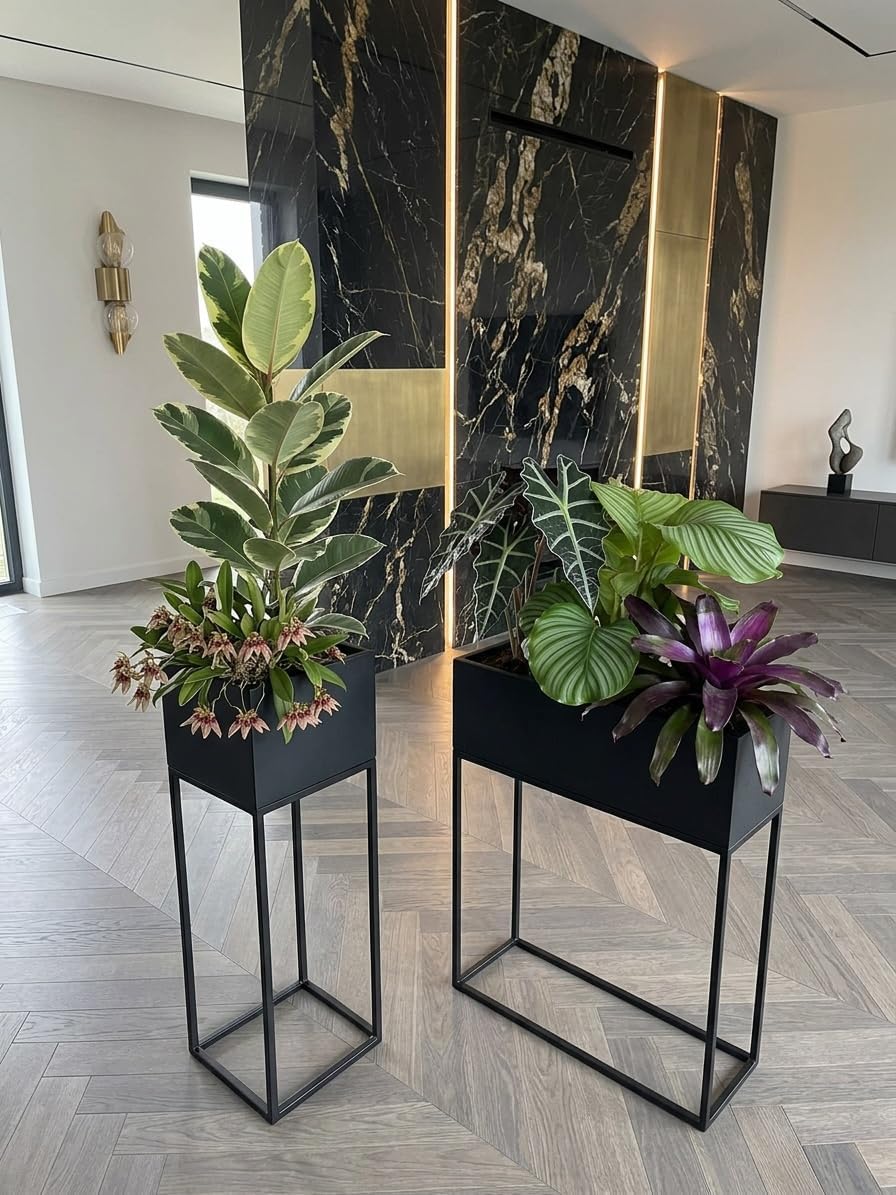 FLEXISTYLE Pflanzenständer LOFT FIORINO Metall MDF Holz Blumenständer Schwarz Blumentopf mit Beinen