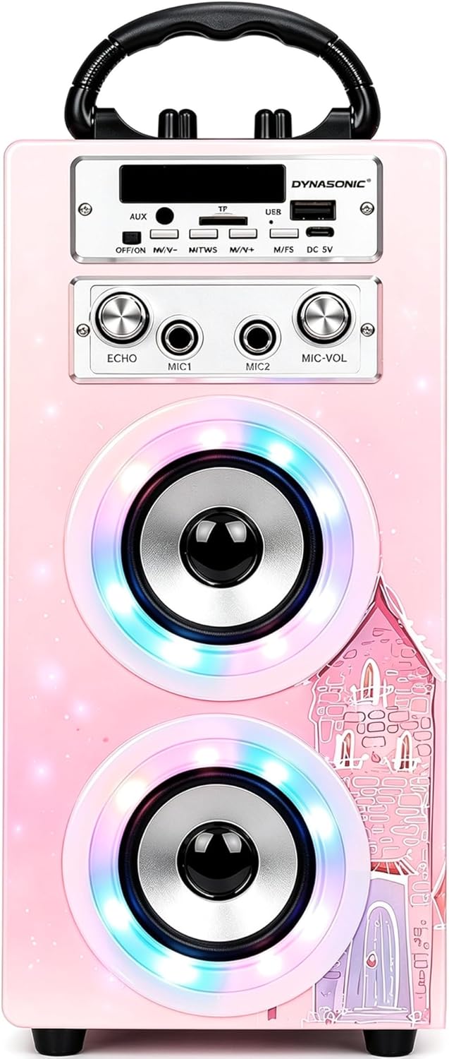 DYNASONIC Karaoke mit 2 Mikrofonen, tragbarer Karaoke-Maschine, Bluetooth-Lautsprecher, USB- und SD-