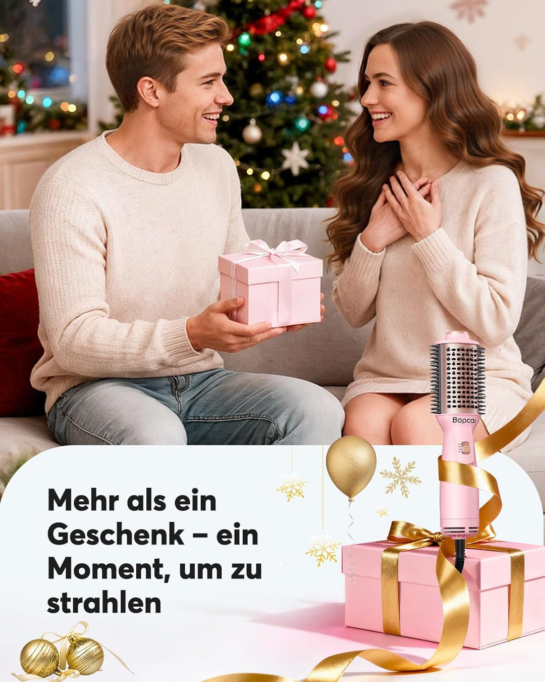Bopcal Mini Warmluftbürste 4-in-1, Ionen Föhnbürste für Volumen & Glatte Haare, Tragbare Heissluftbü