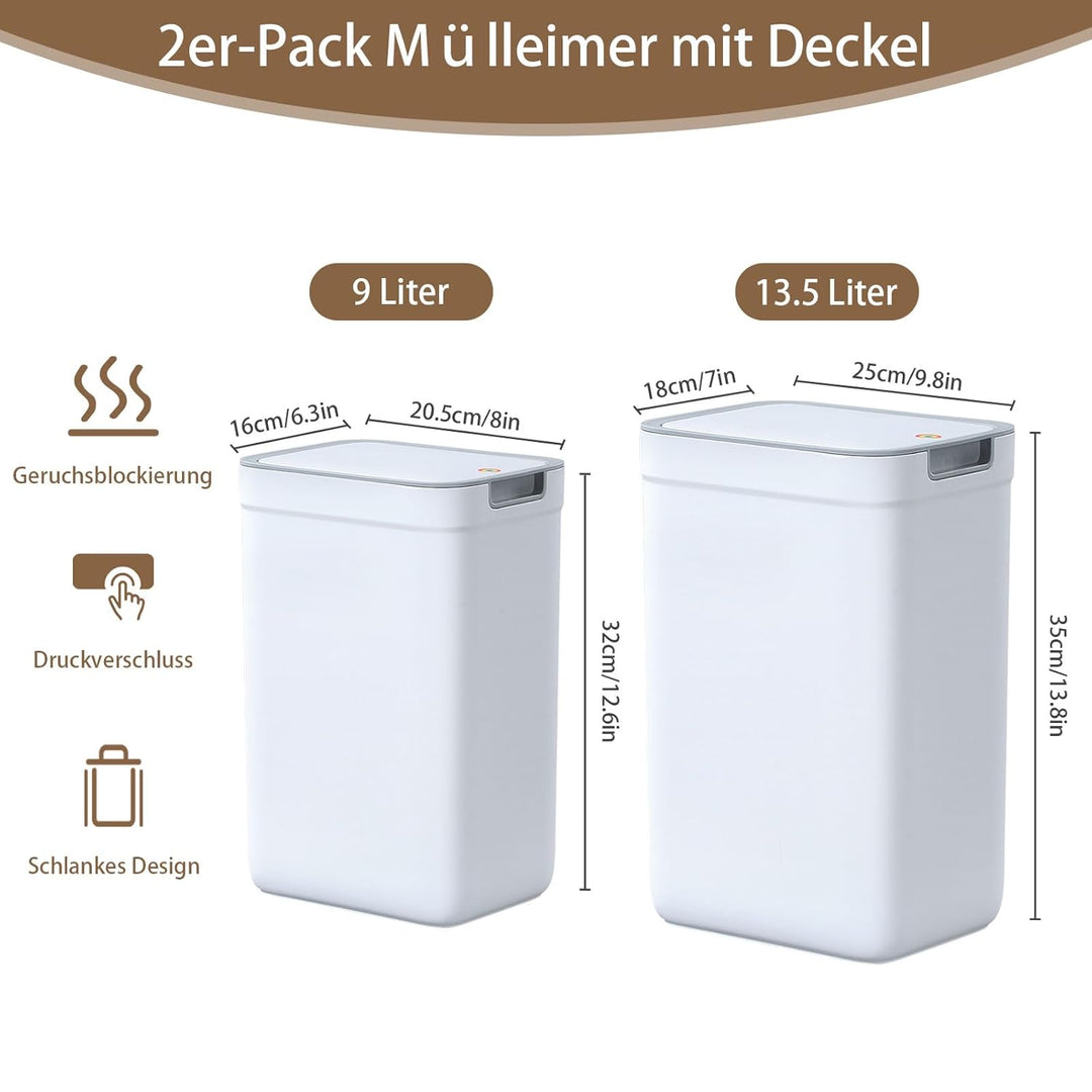 MOPUP Badezimmer-Mülleimer mit Deckel, 2er-Pack, 13,5 Liter + 9 Liter, schmaler Mülleimer, Druckknop