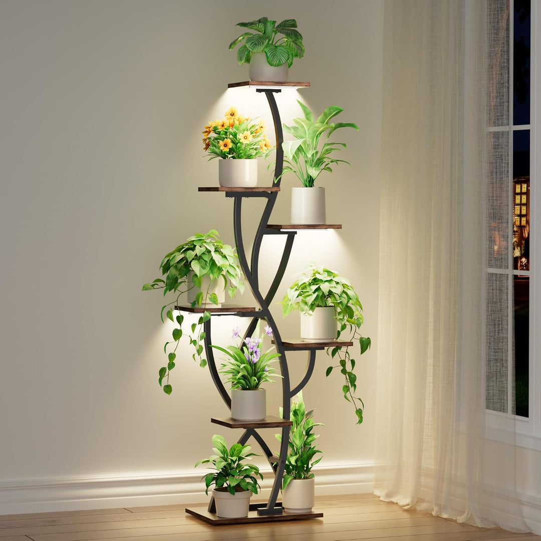 Pflanzenregal mit Wachstumslicht - 7 Ebenen Blumenständer 147cm Metall Holz Pflanzenständer - Innen