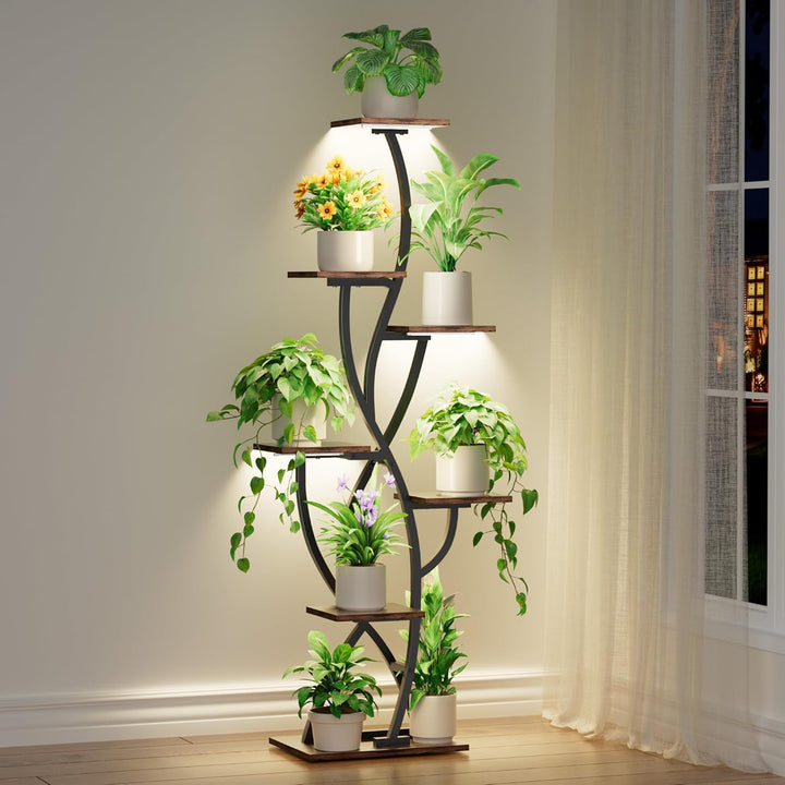 Pflanzenregal mit Wachstumslicht - 7 Ebenen Blumenständer 147cm Metall Holz Pflanzenständer - Innen