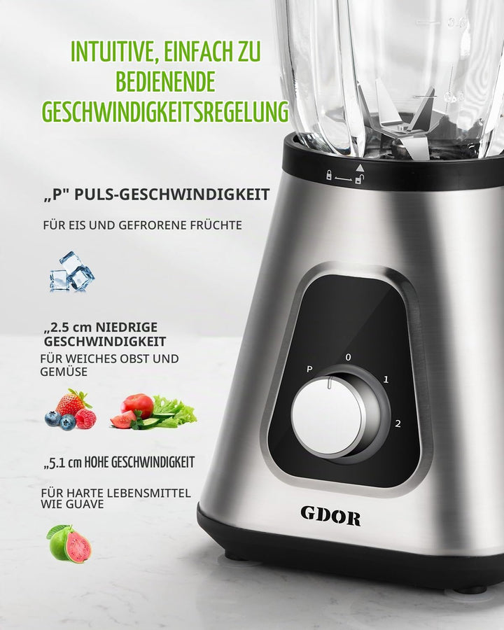 GDOR Standmixer 1100W, Mixer Smoothie Maker mit 1,5L Glaskrug und 650ml Reisebecher Professionell Ho