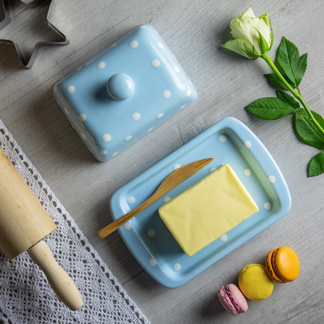 City to Cottage - Butterdose Keramik | Hellblau und Weiss | Polka Dots | Handgemacht | 250 Gramm Ker