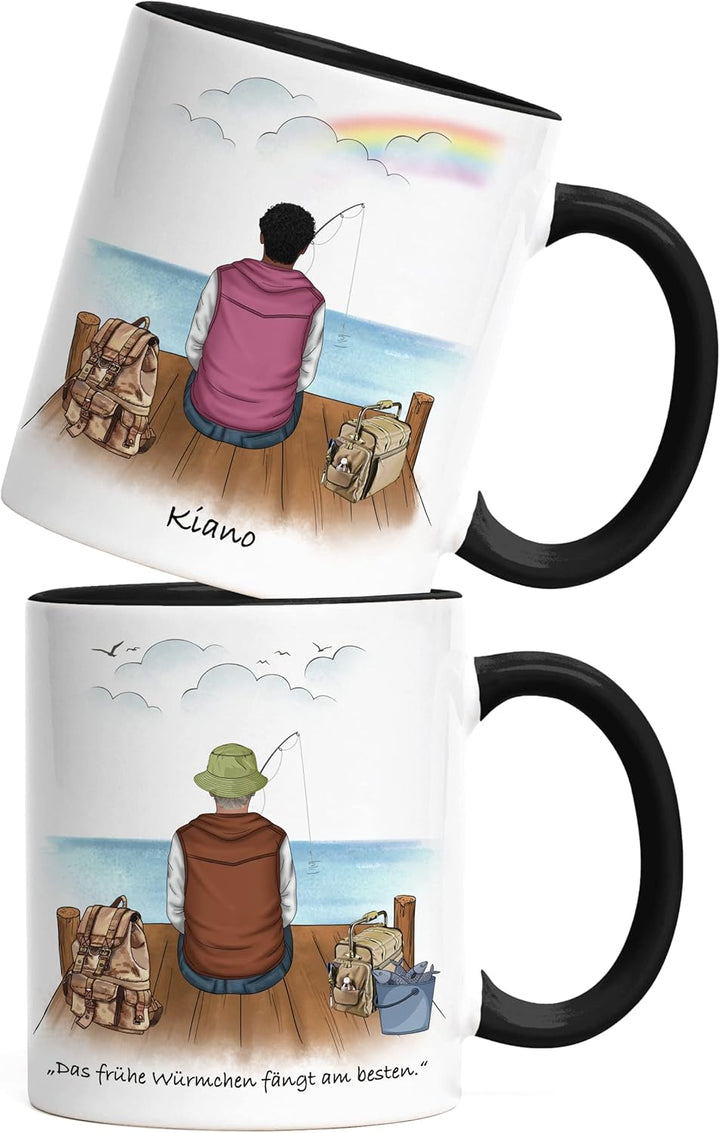 Angler Tasse Schwarz Personalisiert Individuell mit Name Angeln Fischen Geschenk Opa Vater zum Vater