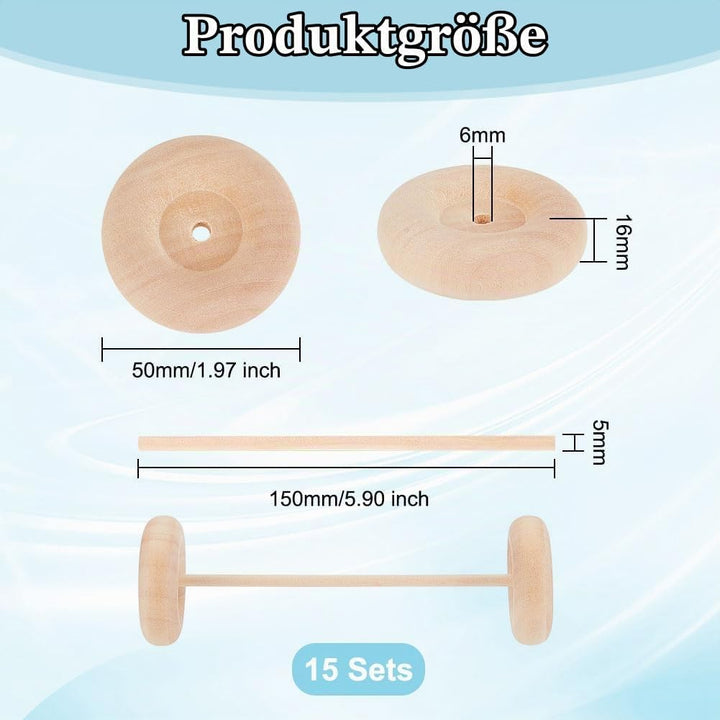 OLYCRAFT 30 Stück 50x16mm Holz-Bastelräder mit 15 Stück 15cm Holzstäbchen - Premium Holzräder für He