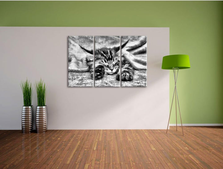 Pixxprint Baby-Katze, rote Bettdecke, als Leinwandbild/Grösse: 3 Teilig (120x80 cm) cm/Wandbild/Kuns