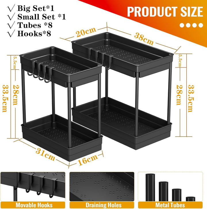 ARSTPEOE Unter Waschbecken Regal - Küchen Organizer - 2 Etagen Schrank Organizer mit 8 Haken, Spülbe