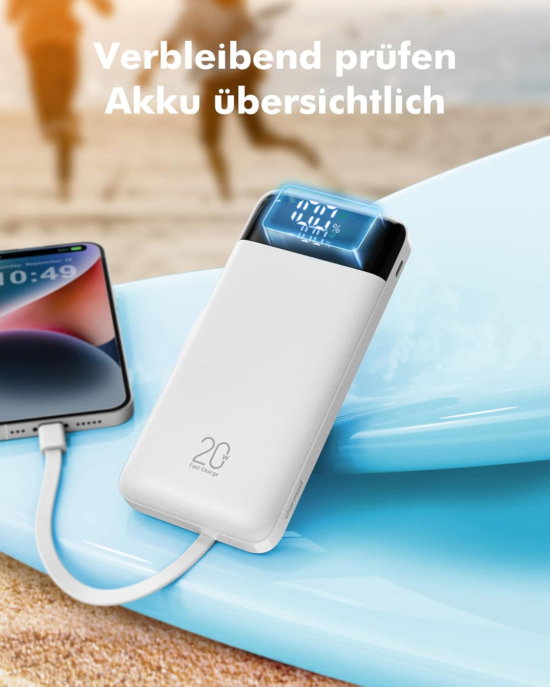 Charmast Powerbank 20000mAh Externer Akku USB C Power Bank mit 4 integriertes Ladekabel Tragbares La