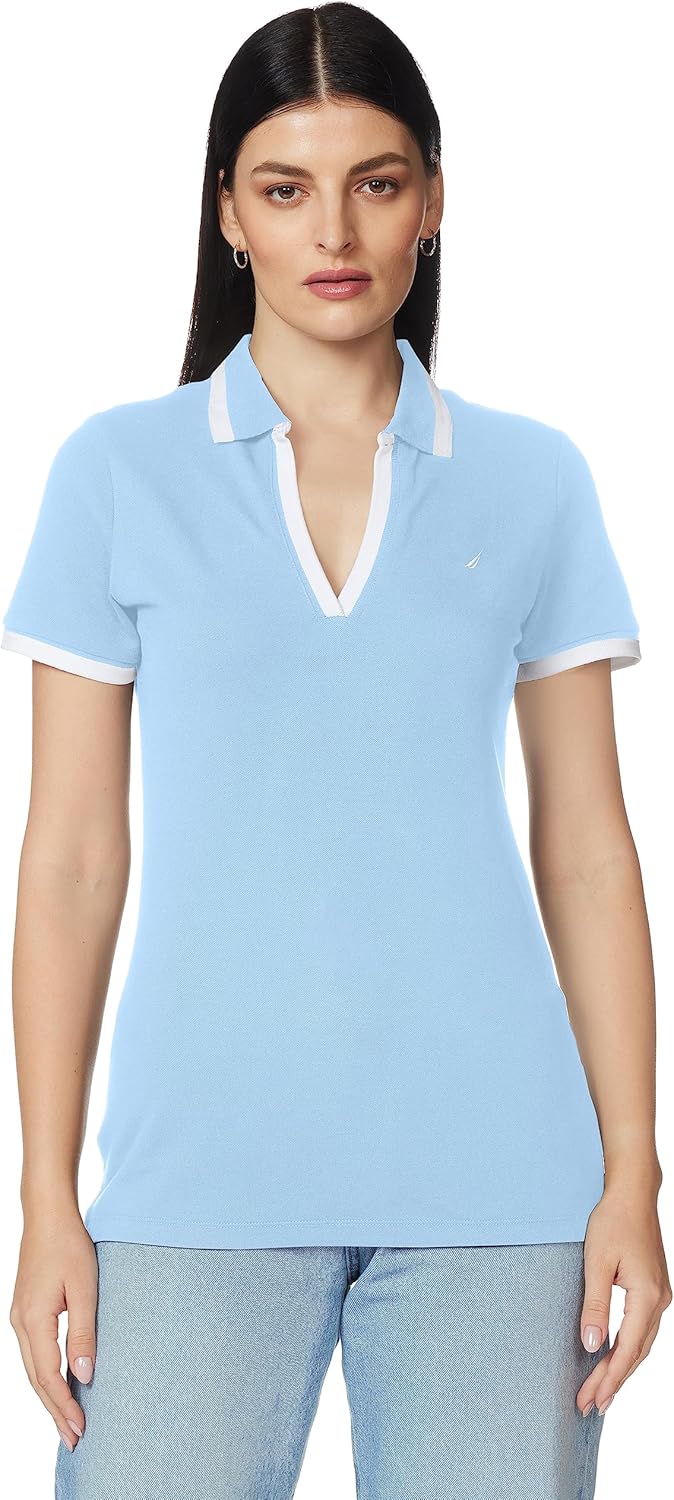 Nautica Damen Klassische Passform, Gestreifter V-Ausschnitt, Stretch-Baumwolle Polohemd M Della Robb