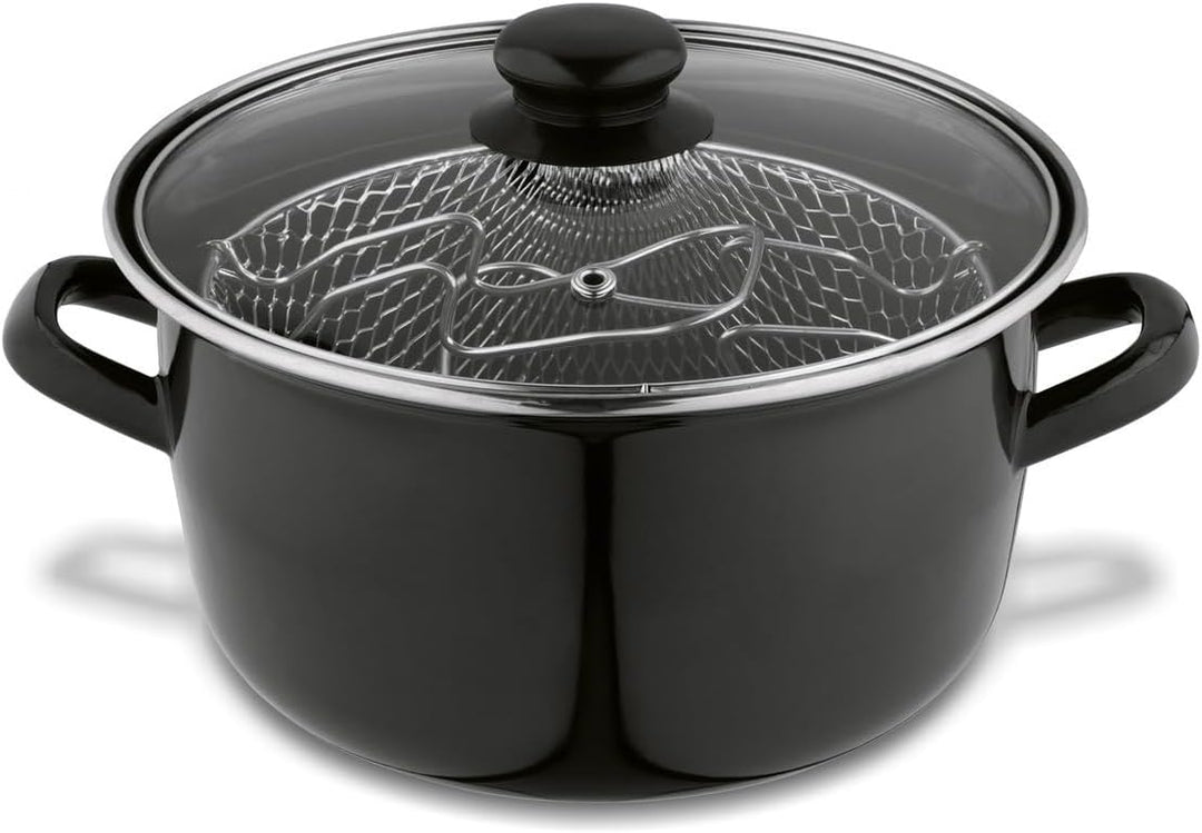 Fritteusenpfanne mit Korb Emaille schwarz, Pommespfanne Fritteuse Glasdeckel, kleine Fritteuse mit S