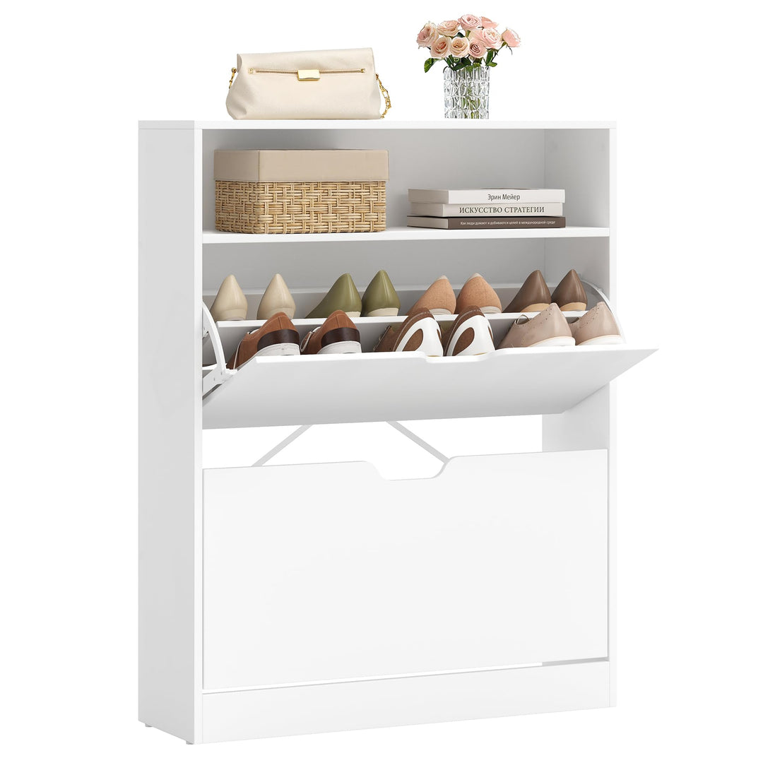 VASAGLE Schuhschrank 2 Klappen, Schuhkipper, Schuhregal, Schuhaufbewahrung, offenes Fach, Trennwand