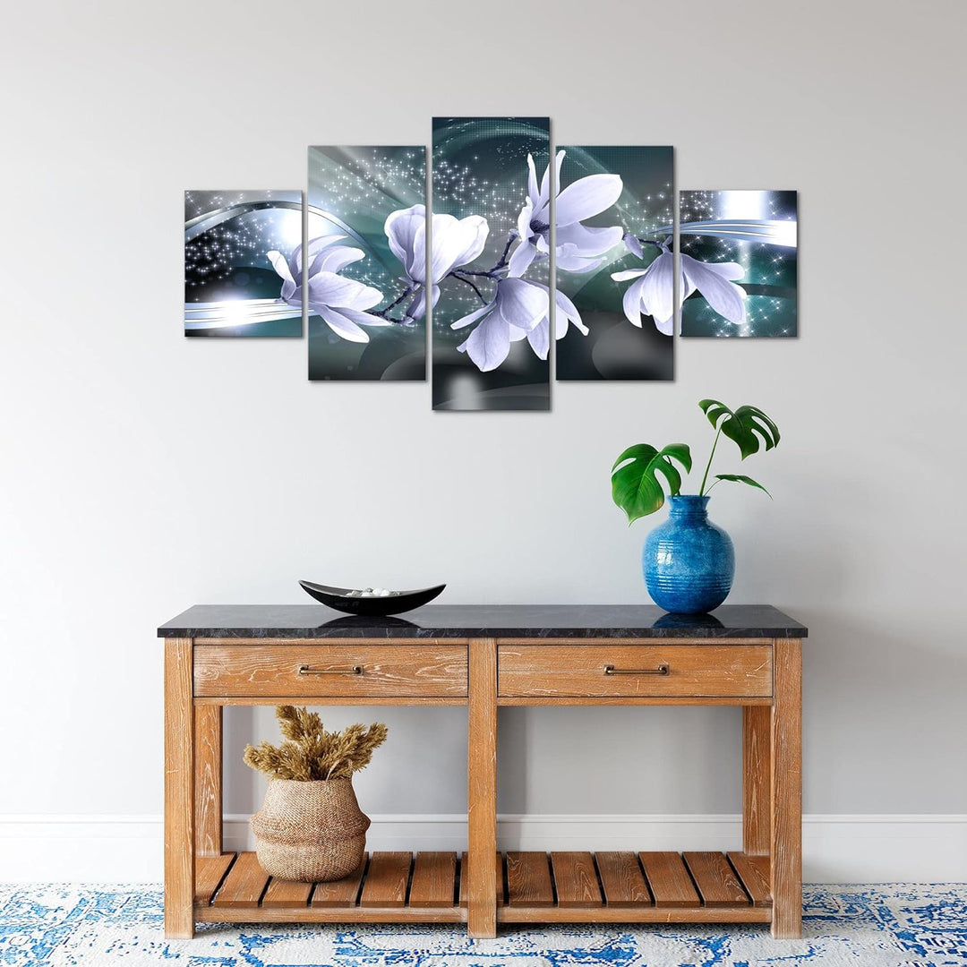 Runa Art Wandbilder Blumen Magnolien 5 Teilig Bild auf Vlies Leinwand Deko Wohnzimmer Grau Blau 2070