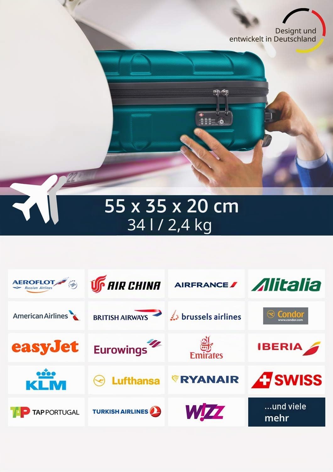 suitline - Handgepäck Hartschalen-Koffer Koffer Trolley Rollkoffer Reisekoffer, TSA, 55 cm, ca. 34 L