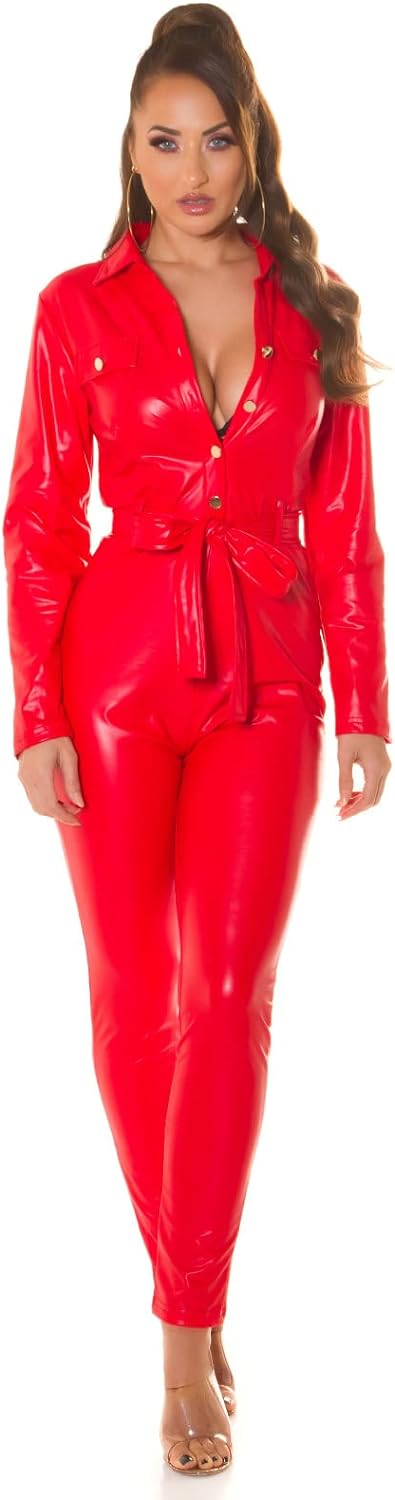 Koucla Leder Look Langarm Maxi Jumpsuit mit Gürtel M Rot, M Rot