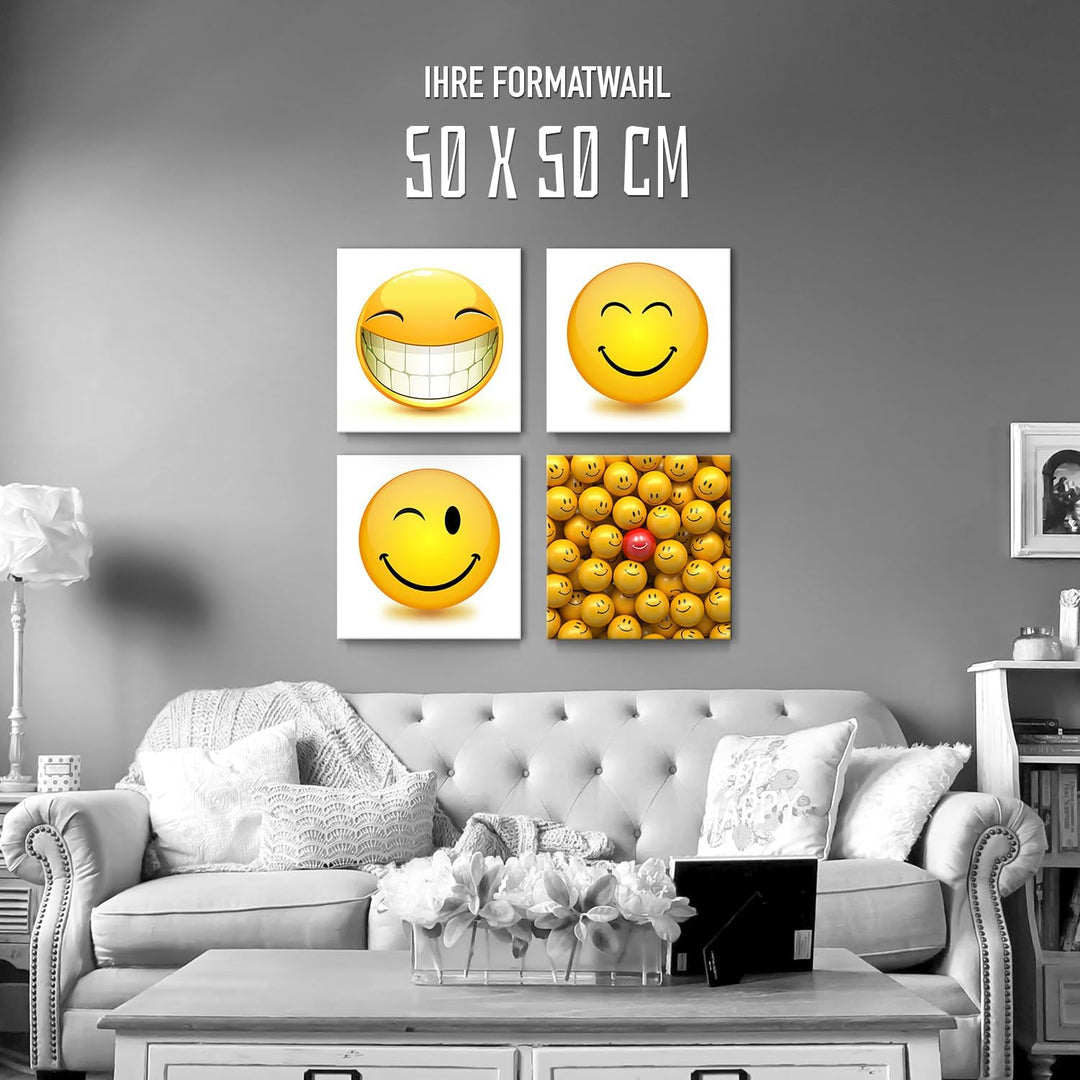 BilderKing Smiley- Wandbilder Set B - 50cm x 50cm, 4er Set Leinwand auf Fertigrahmen + Aufhänger 50x