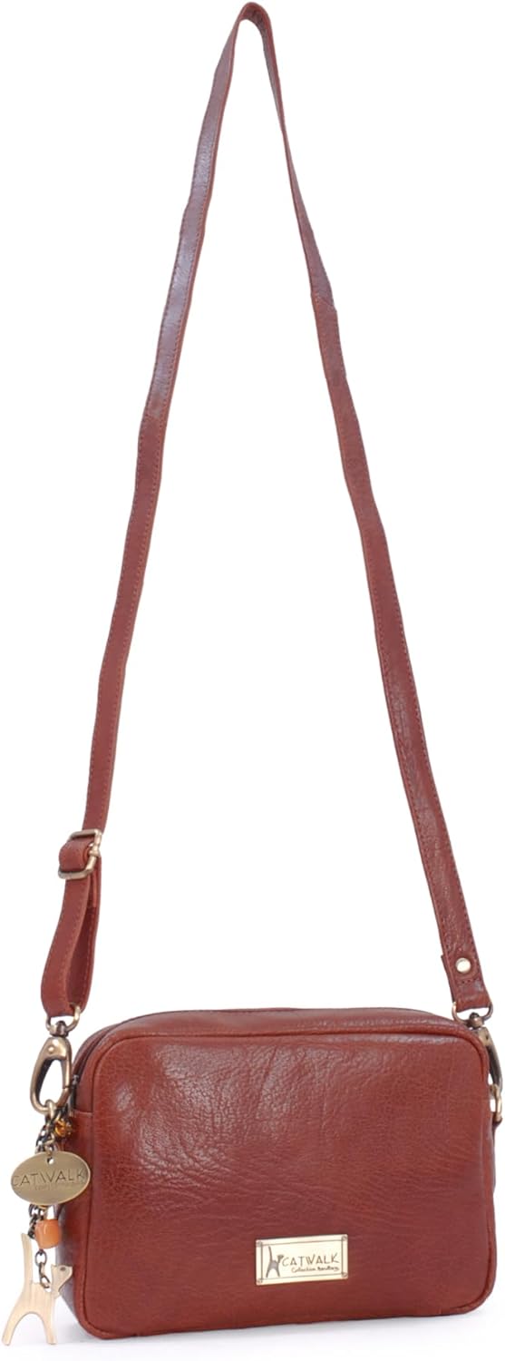 Catwalk Collection Handbags - Leder - Klein Umhängetasche Messenger/Schultertasche - POLLY Hellbrun,
