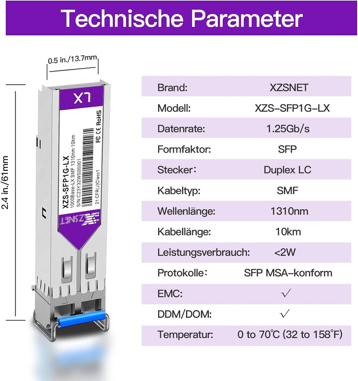 1000BASE-LX SFP Transceiver, 1.25G SFP zu LC Singlemode Fiber Modul für Cisco GLC-LH-SMD, Ubiquiti U