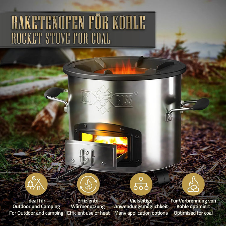 Raketenofen, Silber, Edelstahl Campingofen, Campingkocher Holz Kohle, Camping BBQ Holzofen zum Koche