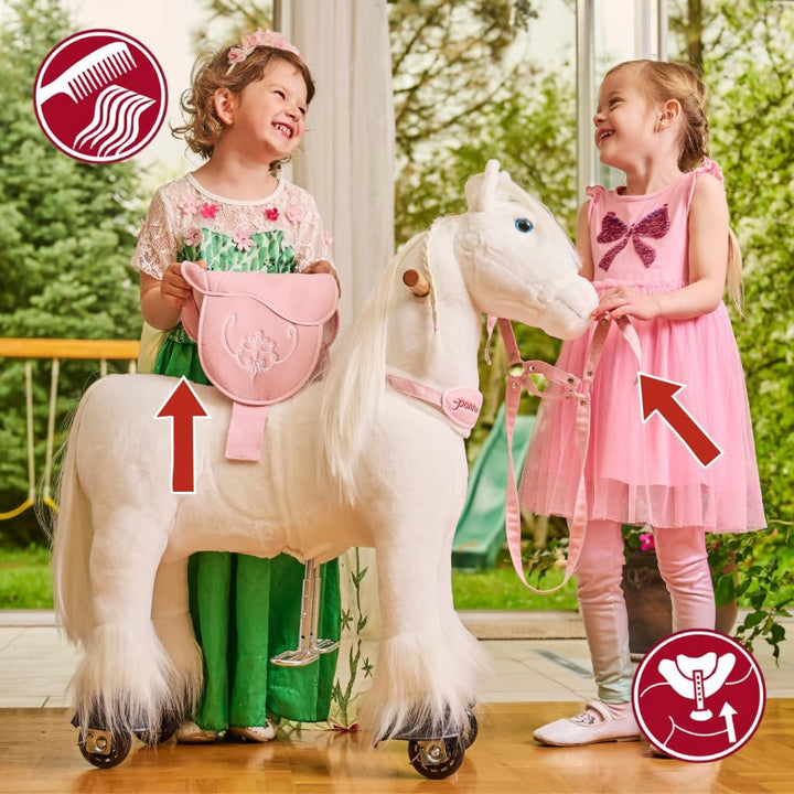 PONNIE Reitpferd mit Rollen Tiara S für Kinder 3-6 Jahre, 30 kg – Plüsch Spielpferd zum Reiten ohne