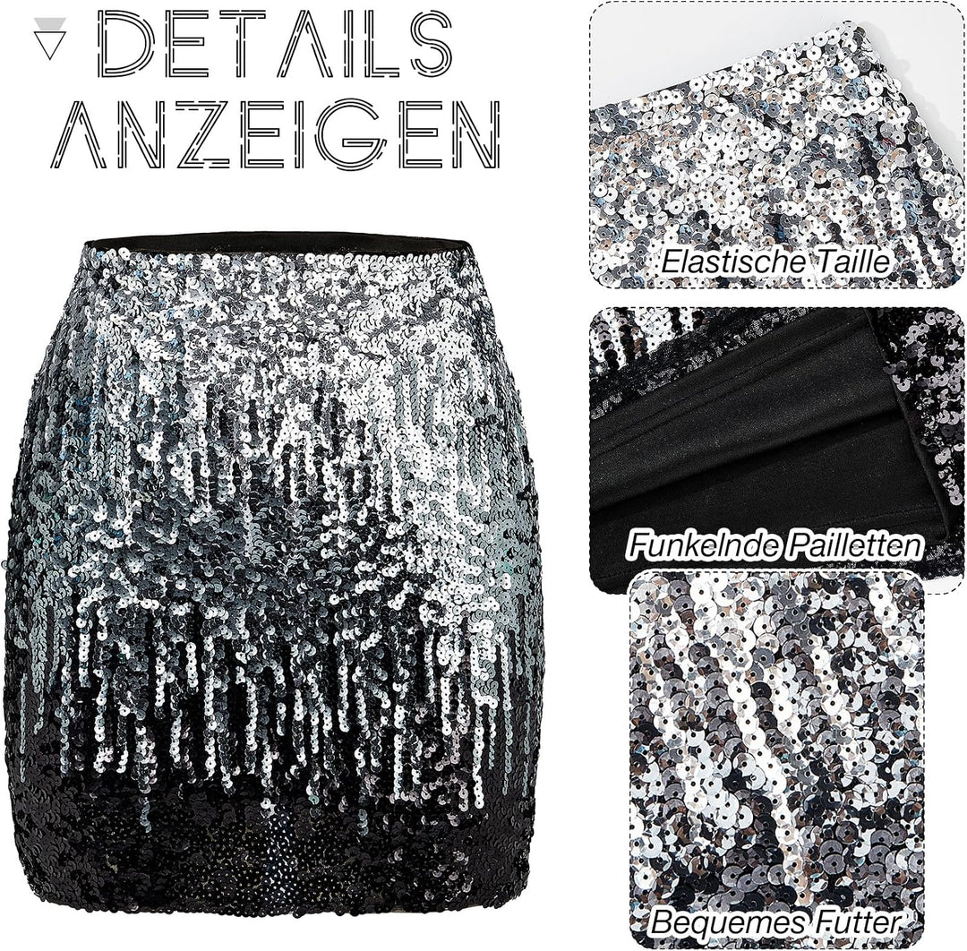 Durio Pailettenrock Für Damen Glitzer Rock Kurz Damen Sexy Midi Skirt Hüftrock mit Elastische Taille